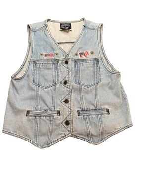 Solutions Original Embroidered Patriotic Flags Denim Biker Vest USA Women’s M